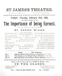Programma voor een uitvoering van Het Belang van Ernst, door Oscar Wilde in het St. James Theatre, 14 februari 1895 door English School