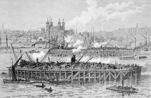 Voortgang van de werken van de Tower Bridge over de Theems door English School