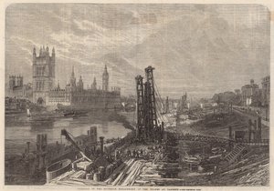 Voortgang van de zuidelijke Embankment van de Thames bij Lambeth door English School