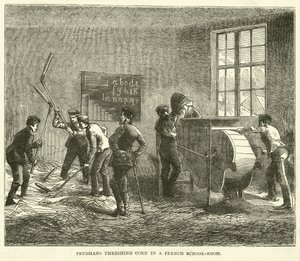 Pruisen die graan dorsen in een Franse school, september 1870 door English School