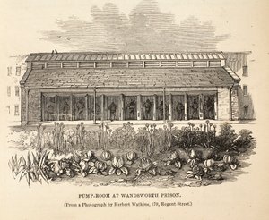 Pompkamer in Wandsworth Prison, illustratie uit The Criminal Prisons of London and Scenes from Prison Life door Henry Mayhew en John Binny, uitgegeven in 1862 door English School