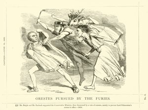 Punch cartoon over John Bright: Orestes achtervolgd door de Furiën door English School