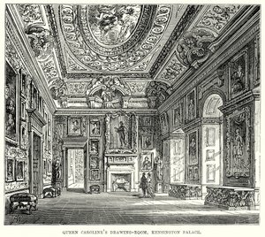 De tekenkamer van koningin Caroline, Kensington Palace (gravure) door English School