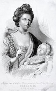 Koningin Charlotte, Gemalin van Koning George III, met hun babyzoon, de toekomstige Prins Regent en Koning George IV door English School