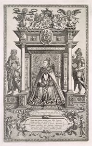 Koningin Elizabeth I (1533-1603) als beschermheer van geografie en astronomie, frontispice van een boek met Saksische kaarten van Engeland, 1579 door English School