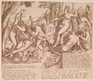 Koningin Elizabeth I van Engeland als de godin Diana, zittend in oordeel over paus Gregorius XIII door English School