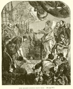 Koningin Elizabeth die Francis Drake tot ridder slaat door English School