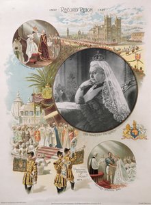 Koningin Victoria afgebeeld ten tijde van haar diamanten jubileum in 1897 samen met enkele van de belangrijkste gebeurtenissen in haar leven