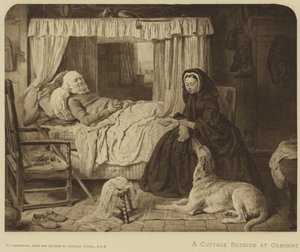Koningin Victoria aan een bed in een huisje in Osborne