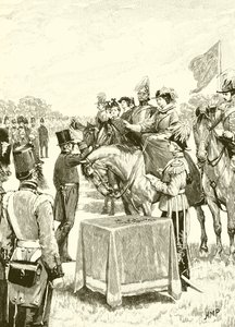 Koningin Victoria zit de eerste uitreiking van het Victoria Cross voor