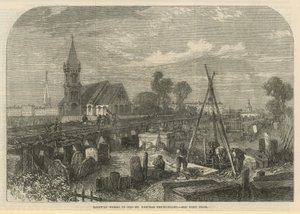 Spoorwegwerken in Old St Pancras Churchyard (gravure) door English School