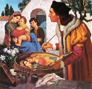Raphael schildert madonna en kind op de bovenkant van een wijnvat door English School