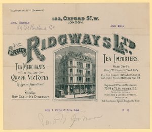 Ontvangstbewijs van Ridgways, thee-importeurs, 182 Oxford Street, Londen
