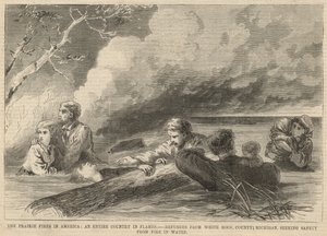 Vluchtelingen uit White Rock, County Michigan, zoeken veiligheid in het water
