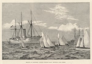 Regatta in Zanzibar, zeilwedstrijd van sloepen, rond HMS Brisk