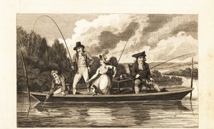Regency-heren en dame vissen op een ponton in de rivier de Theems