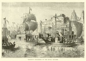 Religieuze processie op de rivier, Benares door English School