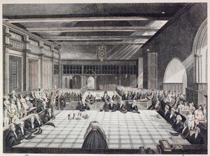 Weergave van de ceremonie van het presenteren van de sheriffs van Londen (gekleurde gravure) door English School
