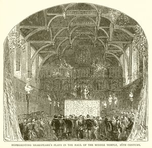 Voorstelling van Shakespeares toneelstukken in de hal van de Middle Temple, 16e eeuw door English School