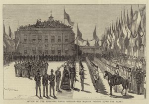 Review van de Ashantee Marinebrigade, Hare Majesteit passeert de Rangen (gravure) door English School