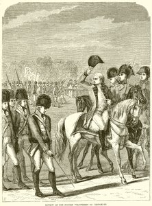 Inspectie van de Britse vrijwilligers door George III door English School