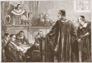 Richard Baxter voor rechter Jeffreys, illustratie uit De Geschiedenis van het Protestantisme door James Aitken Wylie, 1878