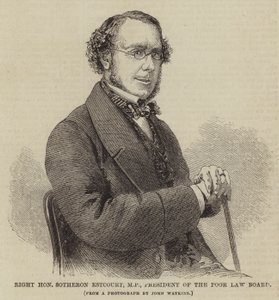 De zeer eerbiedwaardige Sotheron Estcourt, MP, voorzitter van de Poor Law Board (gravure) door English School