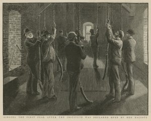 Het luiden van de eerste klok na de opening van het Imperial Institute door Hare Majesteit door English School