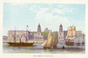 Rivier de Theems: Greenwich Hospital (gekleurde gravure)