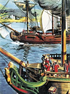 Robert Clive vaart de Baai van Bengalen op naar de monding van de Ganges door English School