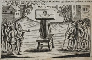 Robert Ockam staande op de schandpaal in de stad Newberry, waar hij geboren is, illustratie uit Handelingen en Monumenten van John Foxe, negende editie, uitgegeven 1684 door English School