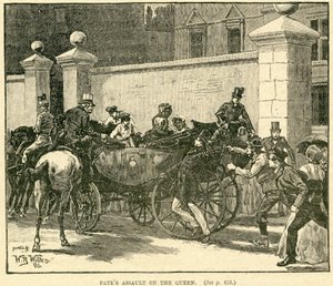 Robert Pates slaat de koningin buiten Cambridge House, illustratie uit Het leven en de tijden van koningin Victoria, Vol. II door Robert Wilson, 1888