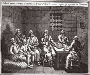 Robert Smith, George Tankerfield en hun medegevangenen, overleggend in Newgate, illustratie uit Foxes Martelaren ca. 1703 door English School