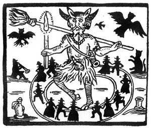 Robin Goodfellow, afgebeeld als Priapus met geitenhoorns, erecte penis en omringd door een cirkel van dansende aanbidders door English School
