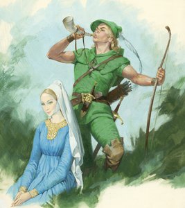 Robin Hood blazend op een hoorn (gouache op papier)