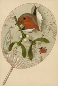 Roodborstje en maretak (chromolitho) door English School