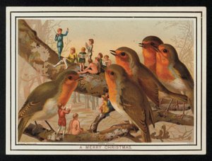 Roodborstjes en een groep artiesten, kerstgroetkaart door English School
