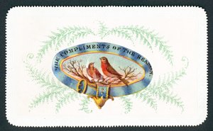 Roodborstjes in ovaal met varen, kerstkaart