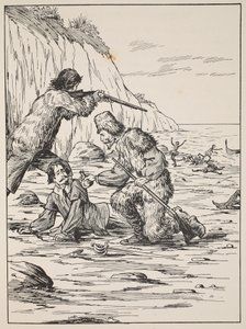 Robinson Crusoe en Vrijdag redden de Spanjaard, illustratie uit Het verhaal van Robinson Crusoe: Een bewerking voor kinderen volgens Defoes taal, uitgegeven door Griffith Farran Browne & Co. Limited, Londen door English School