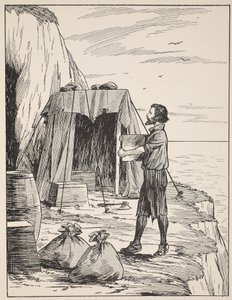 Robinson Crusoe bouwt zijn schuilplaats, illustratie uit Het verhaal van Robinson Crusoe: Een bewerking voor kinderen volgens Defoes taal, uitgegeven door Griffith Farran Browne & Co. Limited, Londen