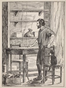 Robinson Crusoe bouwt tafel en stoelen voor zijn grot, illustratie uit Het verhaal van Robinson Crusoe: Een bewerking voor kinderen volgens Defoes taal, uitgegeven door Griffith Farran Browne & Co. Limited, Londen door English School