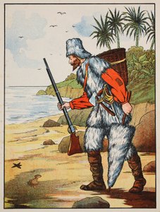 Robinson Crusoe, illustratie uit Het verhaal van Robinson Crusoe: Een bewerking voor kinderen volgens Defoes taal, uitgegeven door Griffith Farran Browne & Co. Limited, Londen door English School