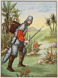 Robinson Crusoe, illustratie uit Het verhaal van Robinson Crusoe: Een bewerking voor kinderen volgens Defoes taal, uitgegeven door Griffith Farran Browne & Co. Limited, Londen door English School
