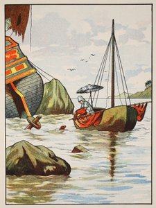 Robinson Crusoe redt een hond van een Spaans scheepswrak, illustratie uit Het verhaal van Robinson Crusoe: Een bewerking voor kinderen volgens Defoes taal, uitgegeven door Griffith Farran Browne & Co. Limited, Londen