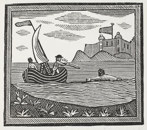 Robinson en Xury ontsnappen aan de Moren, illustratie uit Chap-books van de achttiende eeuw door John Ashton, uitgegeven 1882