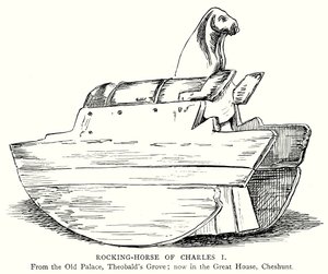 Het hobbelpaard van Charles I (gravure) door English School