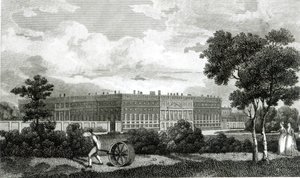 Het rollen van de gazons bij Hampton Court Palace door English School