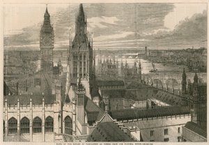 Daken van de Houses of Parliament gezien vanaf de Victoria toren door English School
