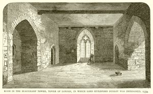 Kamer in de Beauchamp Tower, Tower of London, waar Lord Guildford Dudley gevangen zat, 1554