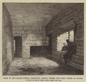 Kamer in de Adelaars Toren, Carnarvon Kasteel, waar de Eerste Prins van Wales zou zijn geboren (gravure) door English School